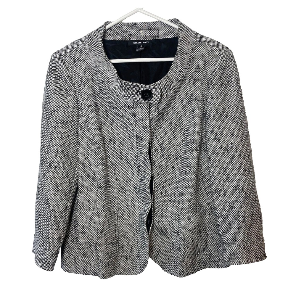Ellen Tracy Long Sleeve Tweed Blazer Jacket Womens Size 12‎ Black Button Formal